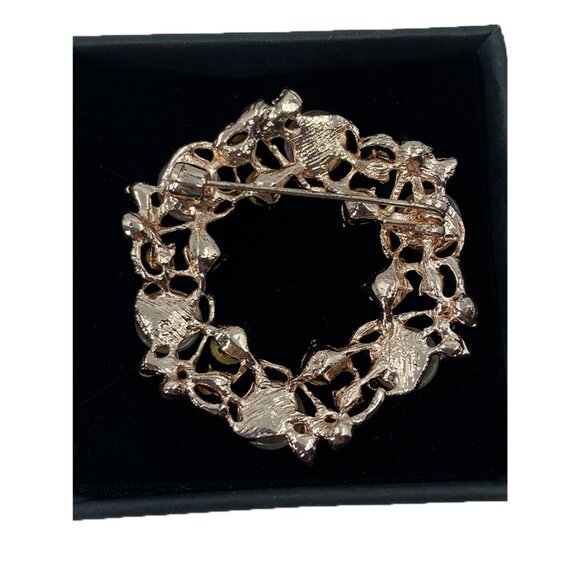 Rose Gold Tone Pink Cat's Eye Glass and Rhinestone Brooch NIB - Picture 2 of 4